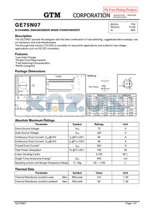 GE75N07 datasheet - N-CHANNEL ENHANCEMENT MODE POWER MOSFET