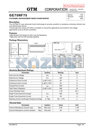 GE75NF75 datasheet - N-CHANNEL ENHANCEMENT MODE POWER MOSFET