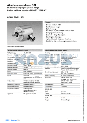 GE401.B20A102 datasheet - Absolute encoders - SSI