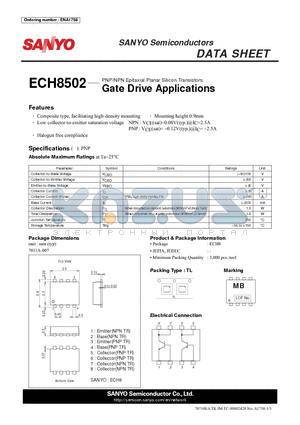ECH8502 datasheet - PNP/NPN Epitaxial Planar Silicon Transistors Gate Drive Applications
