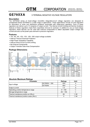 GE7915A datasheet - 3-TERMINAL NEGATIVE VOLTAGE REGULATORS