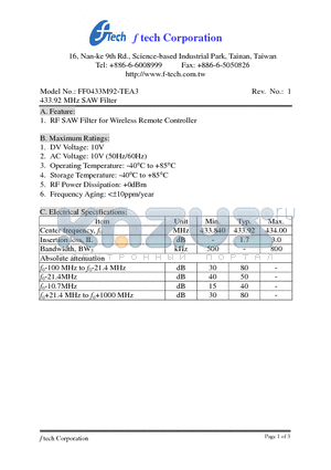 FF0433M92-TEA3 datasheet - RF SAW Filter for Wireless Remote Controller