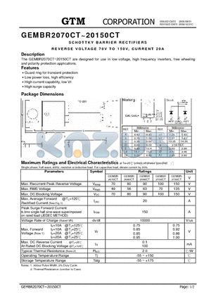 GEMBR20150CT datasheet - SCHOTTKY BARRIER RECTIFIERS REVERSE VOLTAGE 70V TO 150V, CURRENT 20A