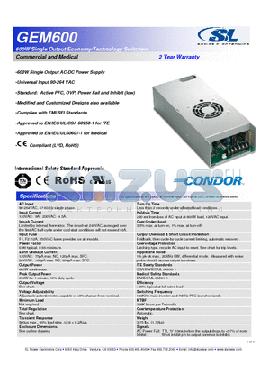 GEM600-28G datasheet - 600W Single Output Economy/Technology Switchers