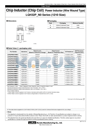 LQH32PN1R0NN0 datasheet - Chip Inductor (Chip Coil) Power Inductor (Wire Wound Type)