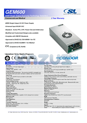 GEM600-48G datasheet - 600W Single Output Economy/Technology Switchers