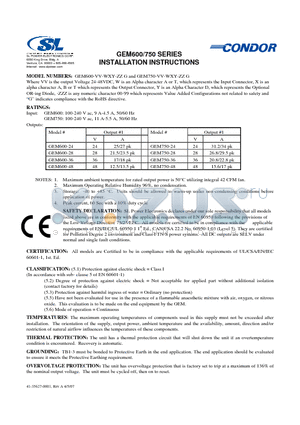 GEM750 datasheet - Where VV is the output Voltage 24-48VDC, W is an Alpha character A or T, which represents the Input Connector, X is an alpha character A, B or T which represents the Output Connector...