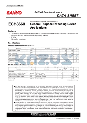 ECH8660 datasheet - N-Channel and P-Channel Silicon MOSFETs General-Purpose Switching Device Applications