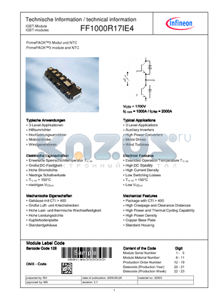 FF1000R17IE4 datasheet - PrimePACK3 Modul und NTC