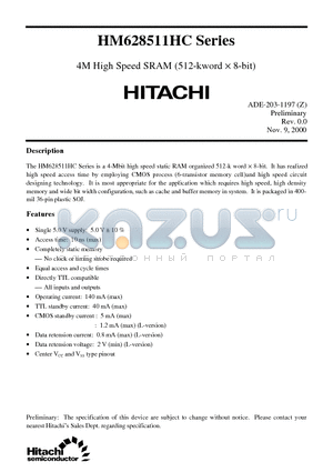 HM628511HC datasheet - 4M High Speed SRAM (512-kword x 8-bit)