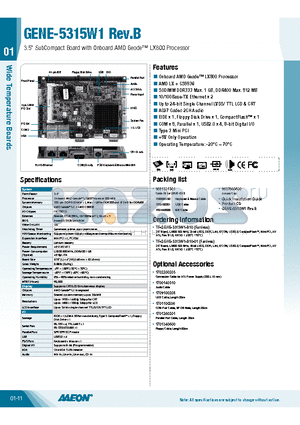 GENE-5315W1 datasheet - 3.5 SubCompact Board with Onboard AMD Geode Tm LX800 Processor