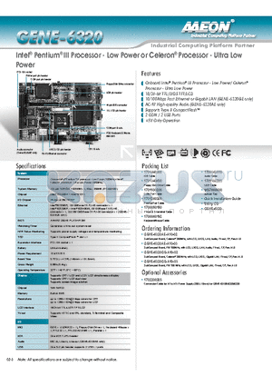 GENE-6320 datasheet - Intel Pentium III Processor - Low Power or Celeron Processor - Ultra Low Power