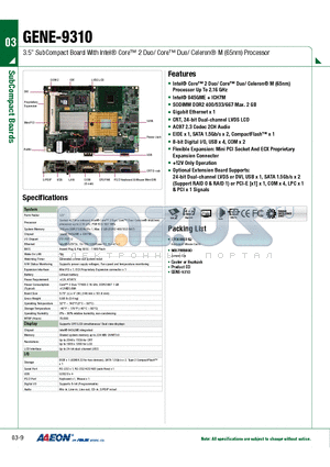 GENE-9310 datasheet - 3.5 SubCompact Board With Intel Core 2 Duo/ Core Duo/ Celeron M (65nm) Processor