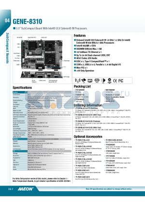 GENE-8310 datasheet - Onboard Intel^ ULV Celeron^ M 1.5 GHz/ 1.3 GHz Or Intel^ Celeron^ M 600 MHz & 1 GHz Processors