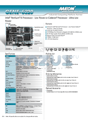 GENE-6320GE-A10-02 datasheet - Intel Pentium III Processor - Low Power or Celeron Processor - Ultra Low Power