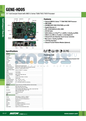 GENE-HD05-A10-02 datasheet - 3.5 SubCompact Board with AMD G-Series T56N/T40E/T40R Processor