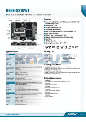 GENE-8310W1 datasheet - Onboard Intel^ ULV Celeron^ M Processor at 600 MHz 512K Cache & 1 GHz 0 Cache