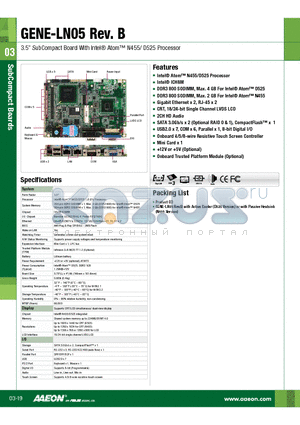 GENE-LN05W2 datasheet - 3.5 SubCompact Board With Intel R Atom Tm N455/ D525 Processor