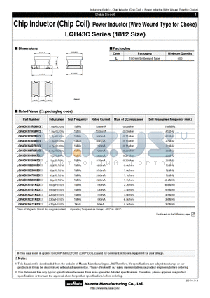 LQH43CN100K03L datasheet - Chip Inductor (Chip Coil) Power Inductor (Wire Wound Type for Choke)