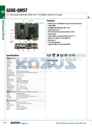 GENE-QM57 datasheet - 3.5 SubCompact Board with Intel Core i7/i5 Mobile/ Celeron Processor