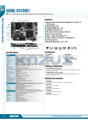 GENE-8315W1 datasheet - Onboard Intel^ ULV Celeron^ M 600 MHz 512 L2 Cache/ 1.0GHz Processor