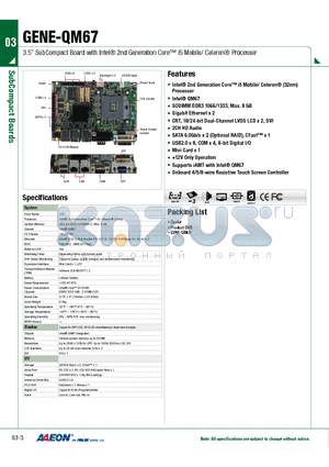 GENE-QM67 datasheet - 3.5 SubCompact Board with Intel 2nd Generation Core i5 Mobile/ Celeron Processor