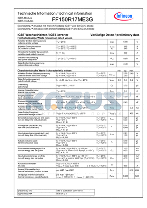 FF150R17ME3G datasheet - EconoDUAL3 module with trench/fieldstop IGBT3 and EmCon3 diode