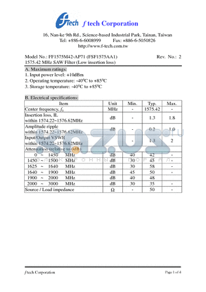 FF1575M42-AP71 datasheet - 1575.42 MHz SAW Filter (Low insertion loss)