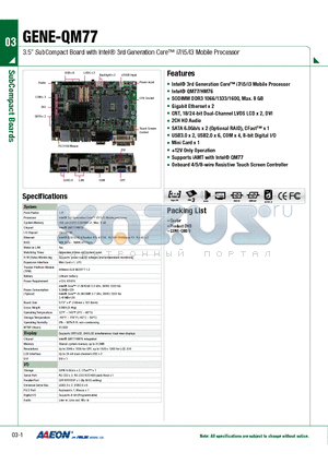 GENE-QM77 datasheet - 3.5 SubCompact Board with Intel 3rd Generation Core i7/i5/i3 Mobile Processor