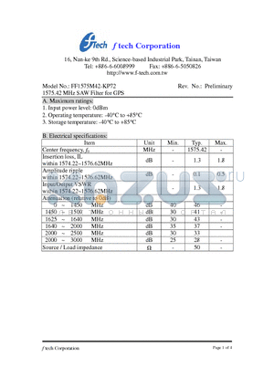 FF1575M42-KP72 datasheet - 1575.42 MHz SAW Filter for GPS