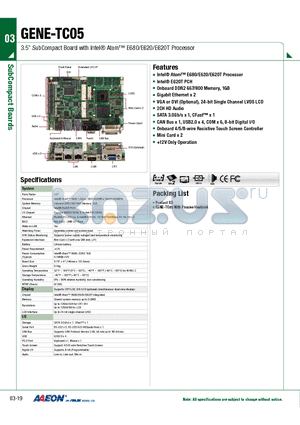 GENE-TC05 datasheet - 3.5 SubCompact Board with Intel Atom E680/E620/E620T Processor