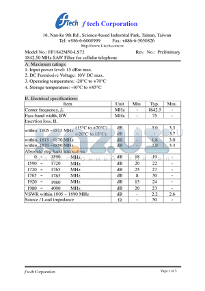 FF1842M50-LS72 datasheet - 1842.50 MHz SAW Filter for cellular telephone