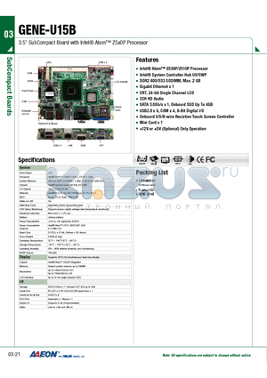 GENE-U15B datasheet - 3.5 SubCompact Board with Intel Atom Z5x0P Processor