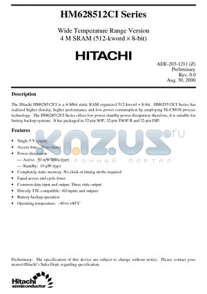 HM628512CI datasheet - Wide Temperature Range Version 4 M SRAM (512-kword x 8-bit)