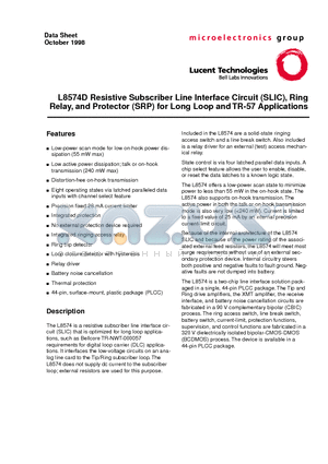 L8574D datasheet - L8574D Resistive Subscriber Line Interface Circuit(SLIC), Ring Relay,and Protector(SRP)for Long Loop and TR-57 Applications