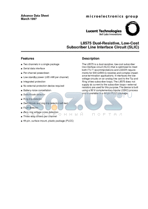 L8575 datasheet - Dual-Resistive,Low-Cost Subscriber Line Interface Circuit(SLIC)