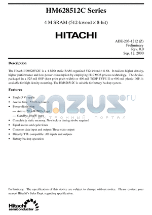 HM628512CLP-7SL datasheet - 4 M SRAM (512-kword x 8-bit)