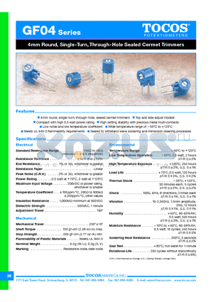 GF04UB102K datasheet - 4mm Round, Single-Turn, Through-Hole Sealed Cermet Trimmers