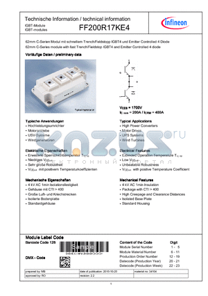FF200R17KE4 datasheet - 62mm C-Series module with fast trench/fieldstop IGBT4 and Emitter Controlled 4 diode