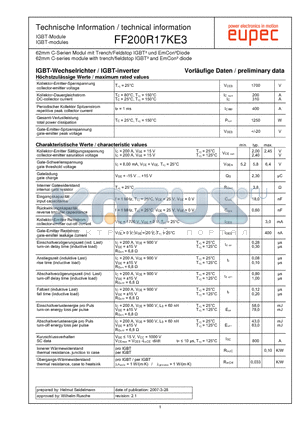 FF200R17KE3 datasheet - 62mm C-series module with trench/fieldstop IGBT and EmCon diode