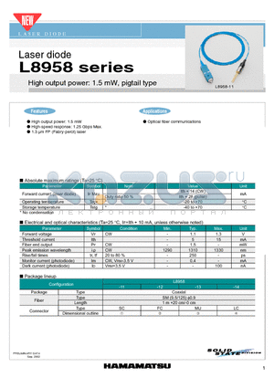 L8958-11 datasheet - High output power: 1.5 mW,pigtail type