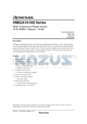 HM62A16100LBPI-7SL datasheet - Wide Temperature Range Version 16 M SRAM (1-Mword  16-bit)