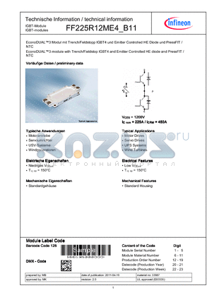 FF225R12ME4_B11 datasheet - EconoDUAL3 module with Trench/Fieldstop IGBT4 and Emitter Controlled HE diode and PressFIT / NTC