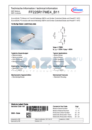 FF225R17ME4_B11 datasheet - EconoDUAL3 module with trench/fieldstop IGBT4 and Emitter Controlled diode and PressFIT / NTC