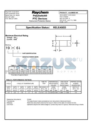 MINISMDE190 datasheet - PolySwitch PTC Devices Overcurrent Protection Device