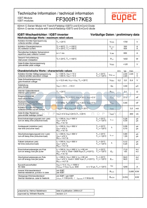 FF300R17KE3 datasheet - 62mm C-series module with trench/fieldstop IGBT3 and EmCon3 diode