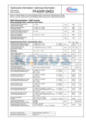 FF400R12KE3 datasheet - 62mm C-Series module with trench/fieldstopp IGBT3 and EmCon High Efficiency diode