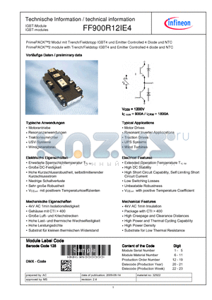 FF900R12IE4 datasheet - PrimePACK3 module with Trench/Fieldstop IGBT4 and Emitter Controlled 4 diode and NTC