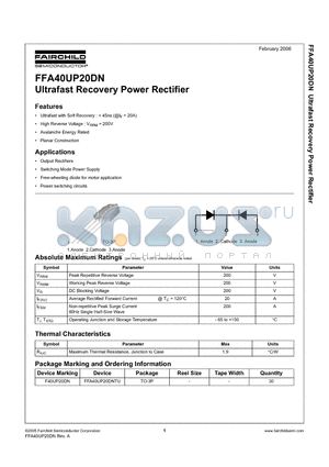 FFA40UP20DNTU datasheet - Ultrafast Recovery Power Rectifier