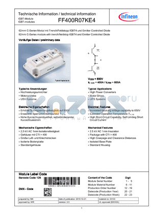 FF400R07KE4 datasheet - 62mm C-Series module with trench/fieldstopp IGBT4 and Emitter Controlled Diode